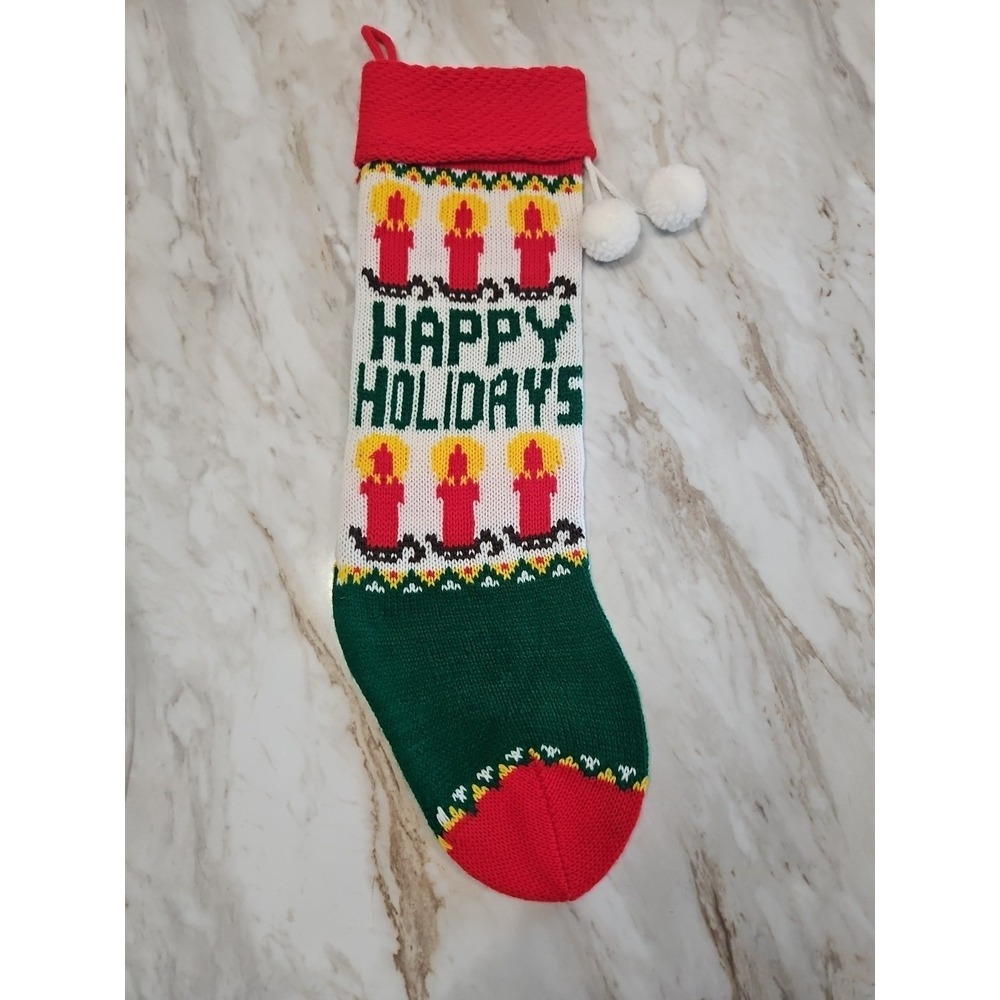 Knit Christmas Stocking 1990s Acrylic Happy‎ Holidays Candle Stick 18"